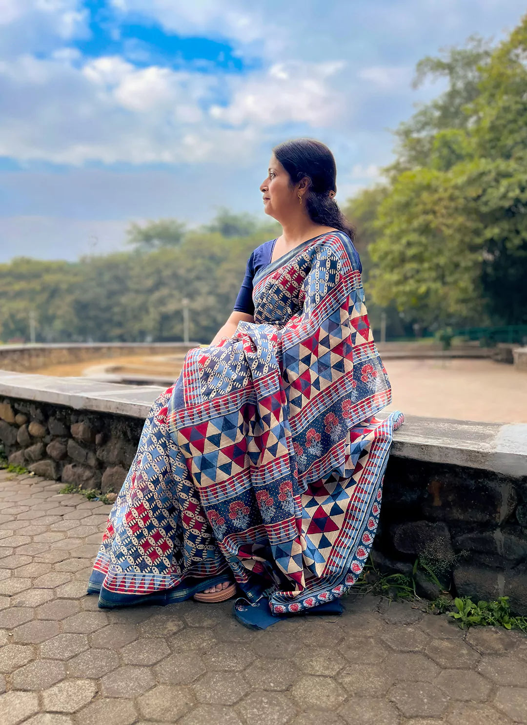 Checkered Chanderi Cotton Saree - TREEVESTO