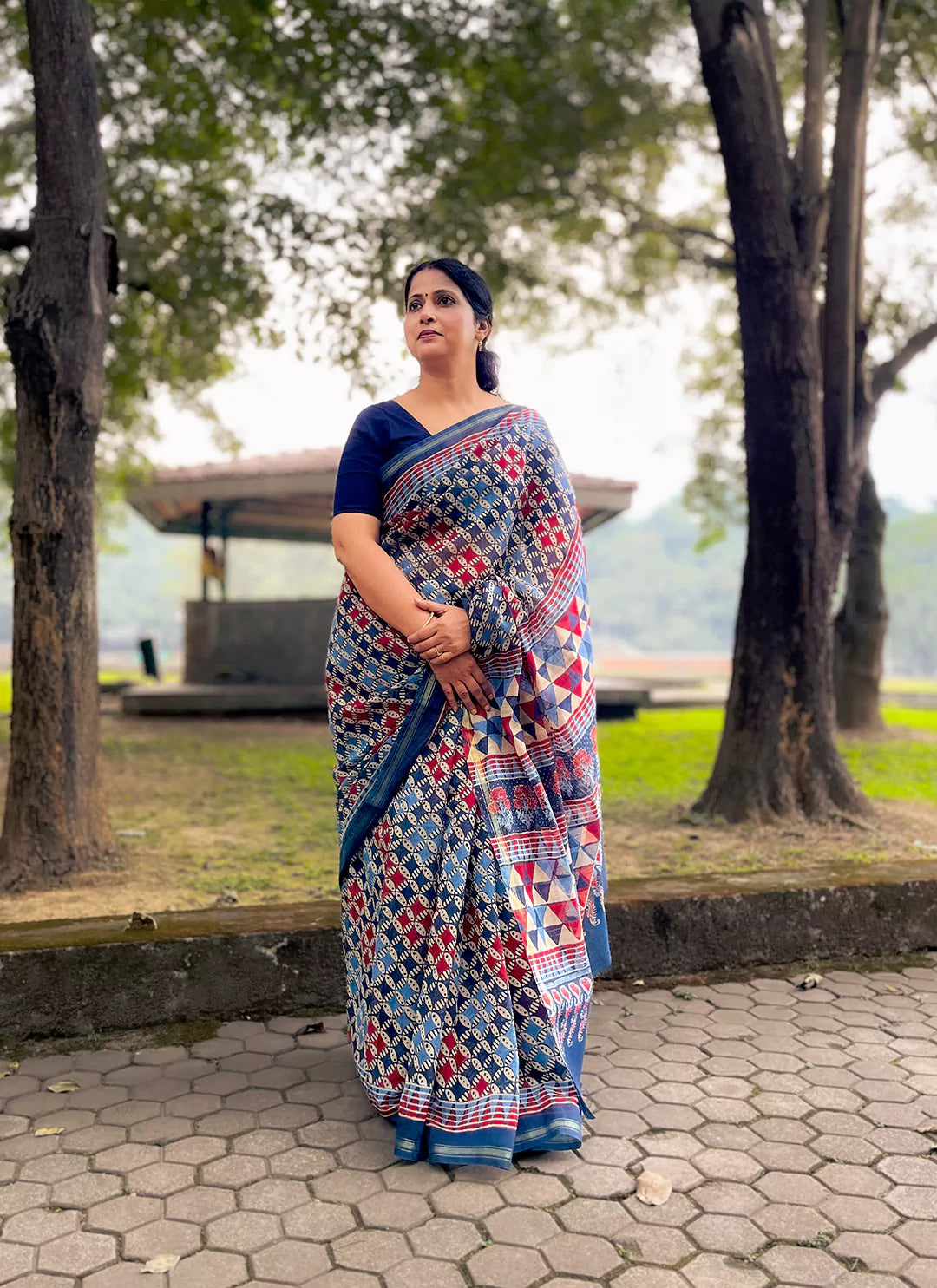 Checkered Chanderi Cotton Saree - TREEVESTO