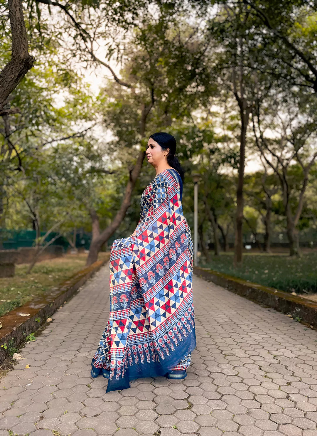 Checkered Chanderi Cotton Saree - TREEVESTO
