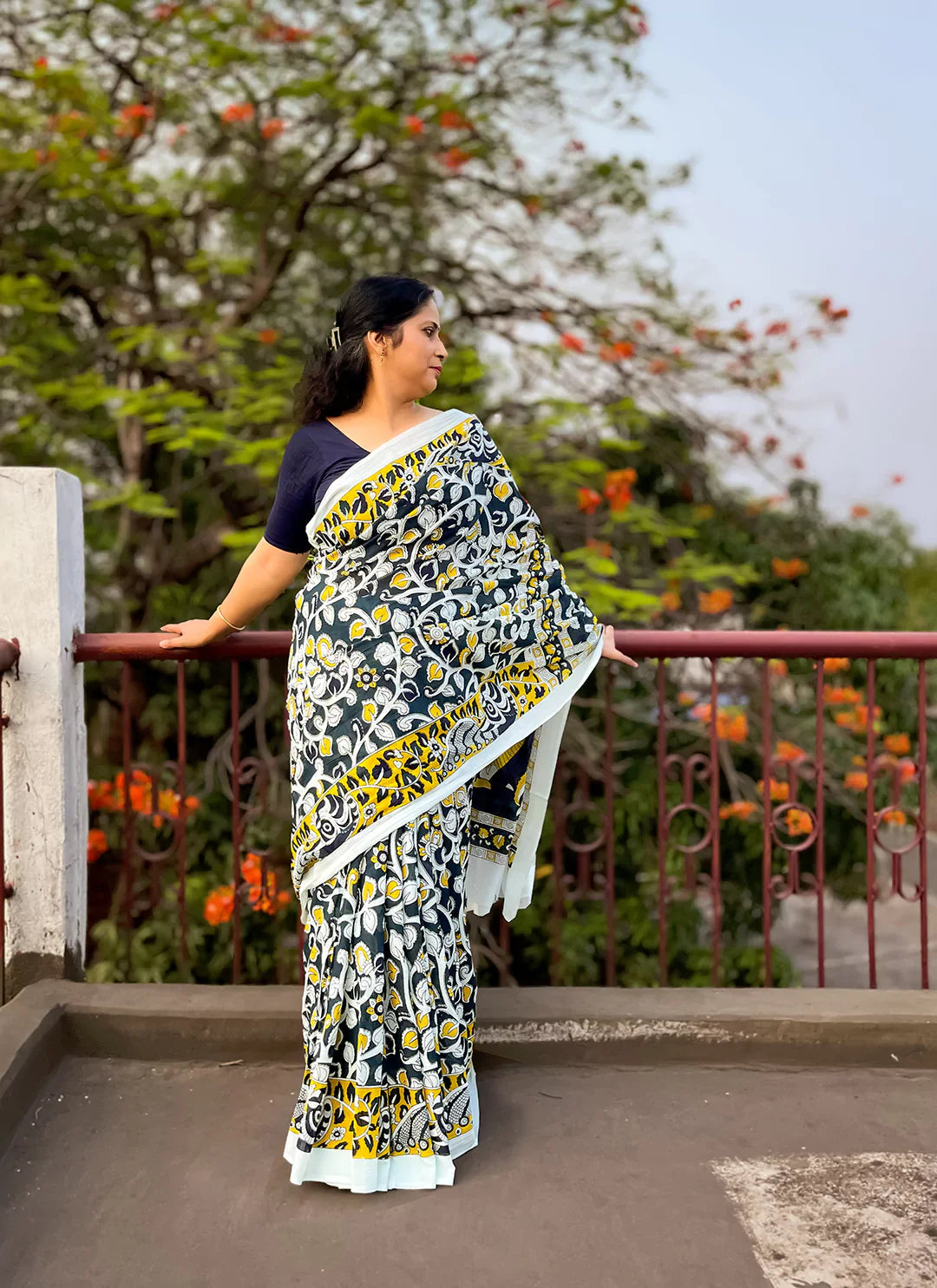 Hand Block Print Kalamkari White Pure Mul Cotton Saree treevesto