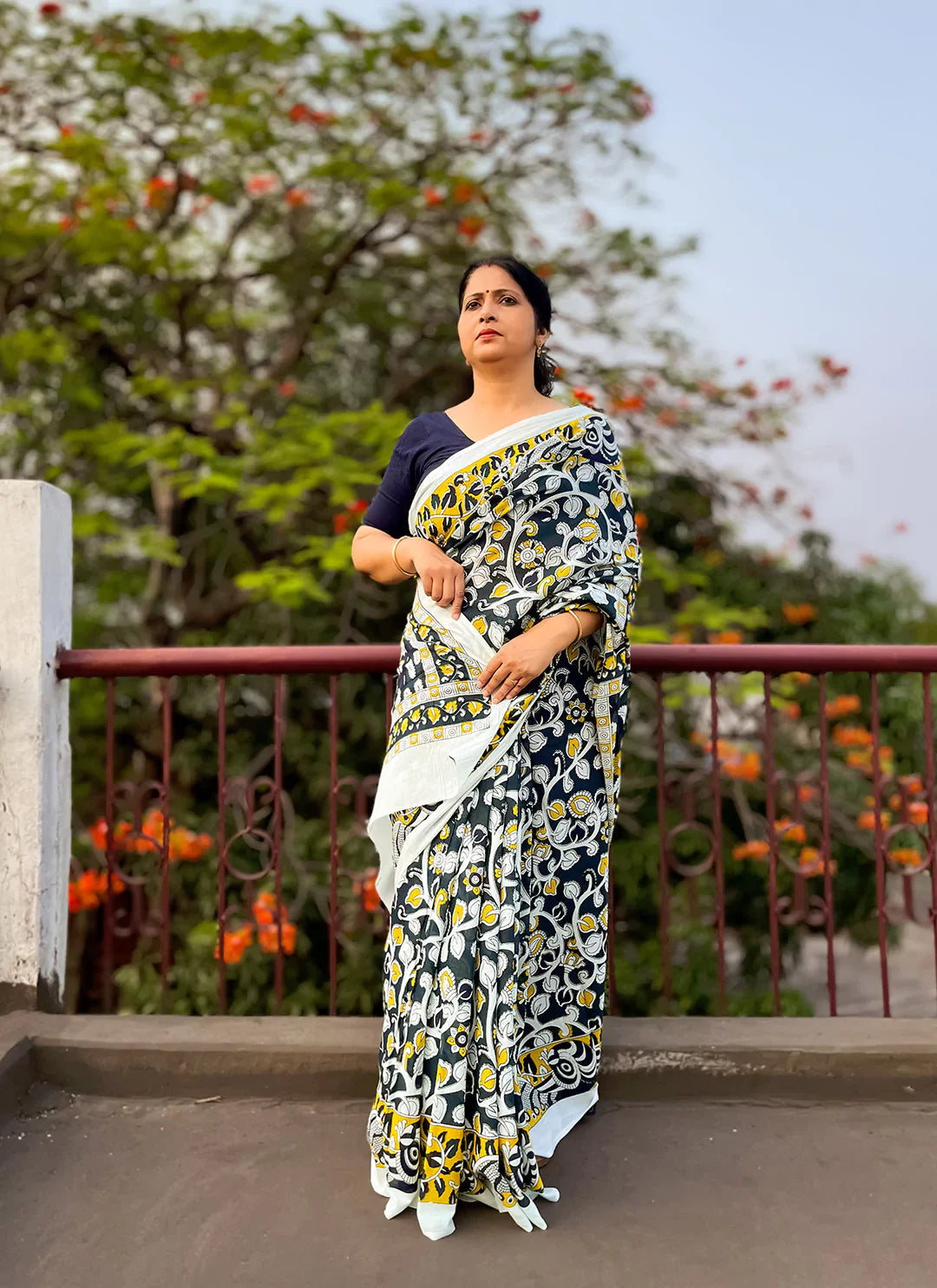 Hand Block Print Kalamkari White Pure Mul Cotton Saree treevesto