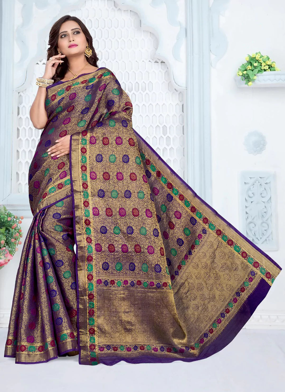 Blue Chanderi Brocade Saree With Meenakari Work - TREEVESTO
