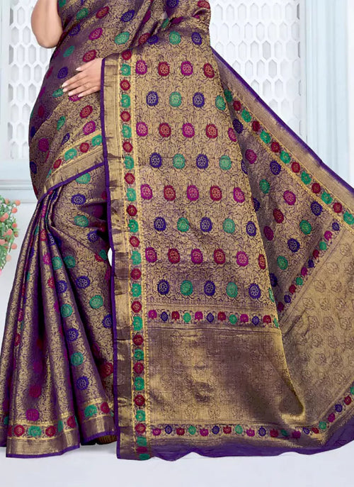 Blue Chanderi Brocade Saree With Meenakari Work treevesto