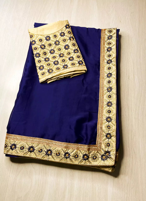 Blue Plain Rangoli Silk Saree with Designer Blouse & Border - TREEVESTO