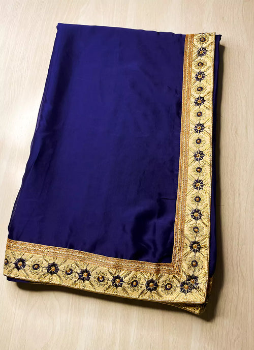 Blue Plain Rangoli Silk Saree with Designer Blouse & Border - TREEVESTO