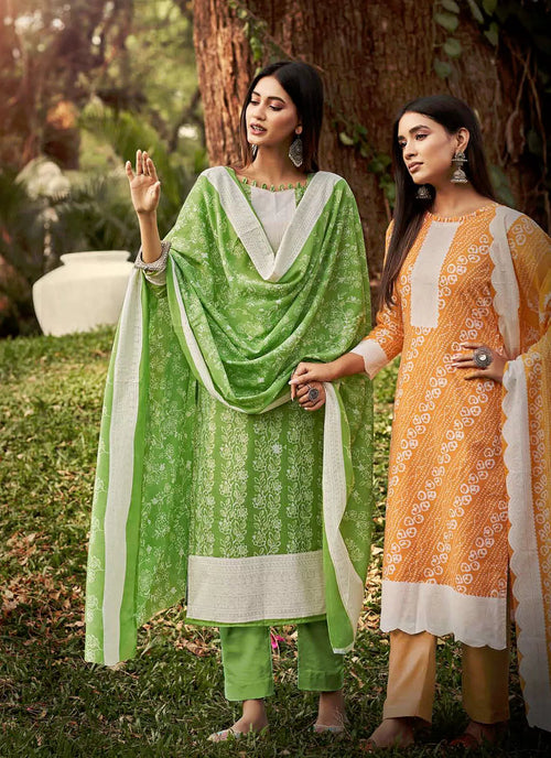 Botanic Print Green Pure Cotton Unstitched Suit Material treevesto