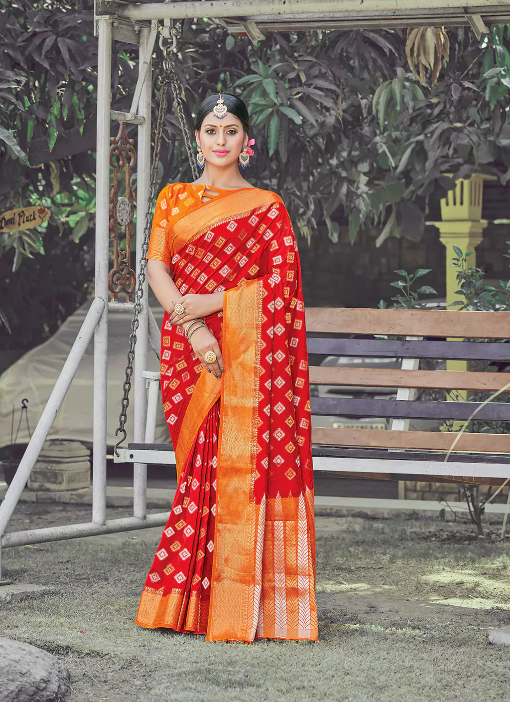 Sona Rupa Zari Worked Soft Dola Silk Red Saree With Yellow Border - TREEVESTO
