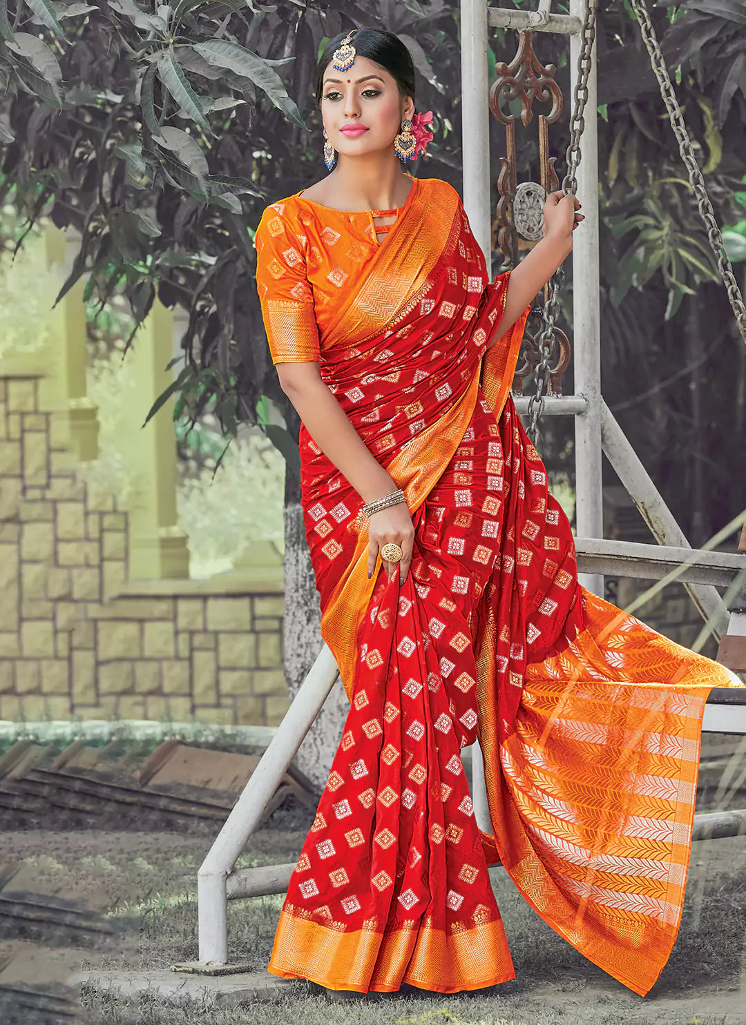 Sona Rupa Zari Worked Soft Dola Silk Red Saree With Yellow Border - TREEVESTO