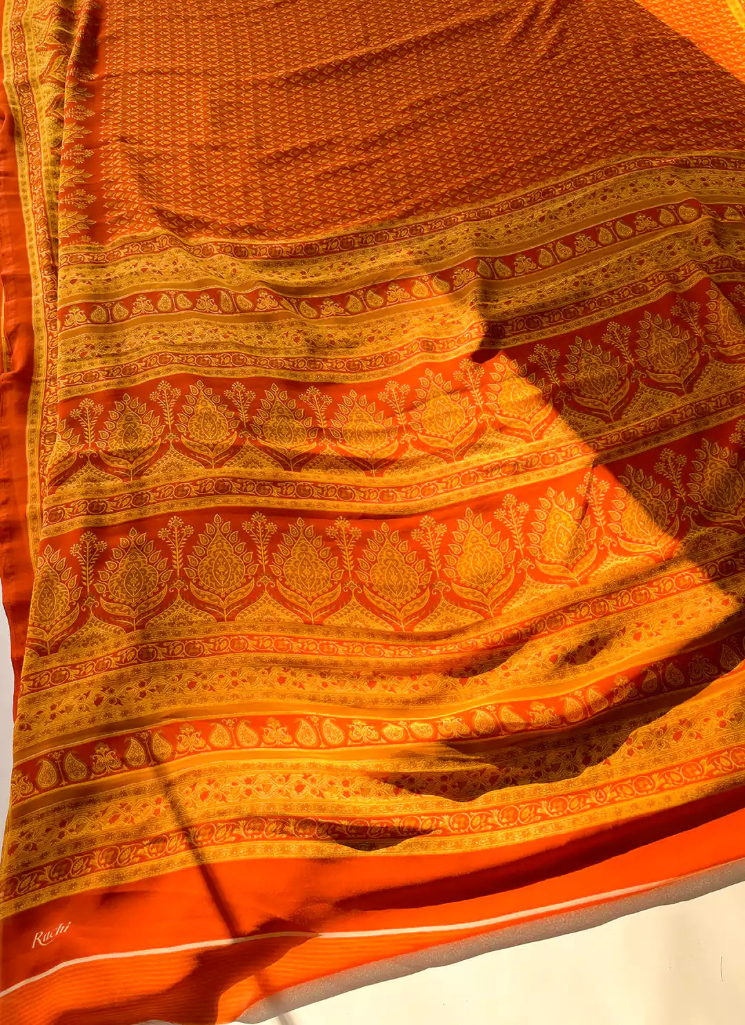 Buti Print Orange Soft Georgette Saree - TREEVESTO