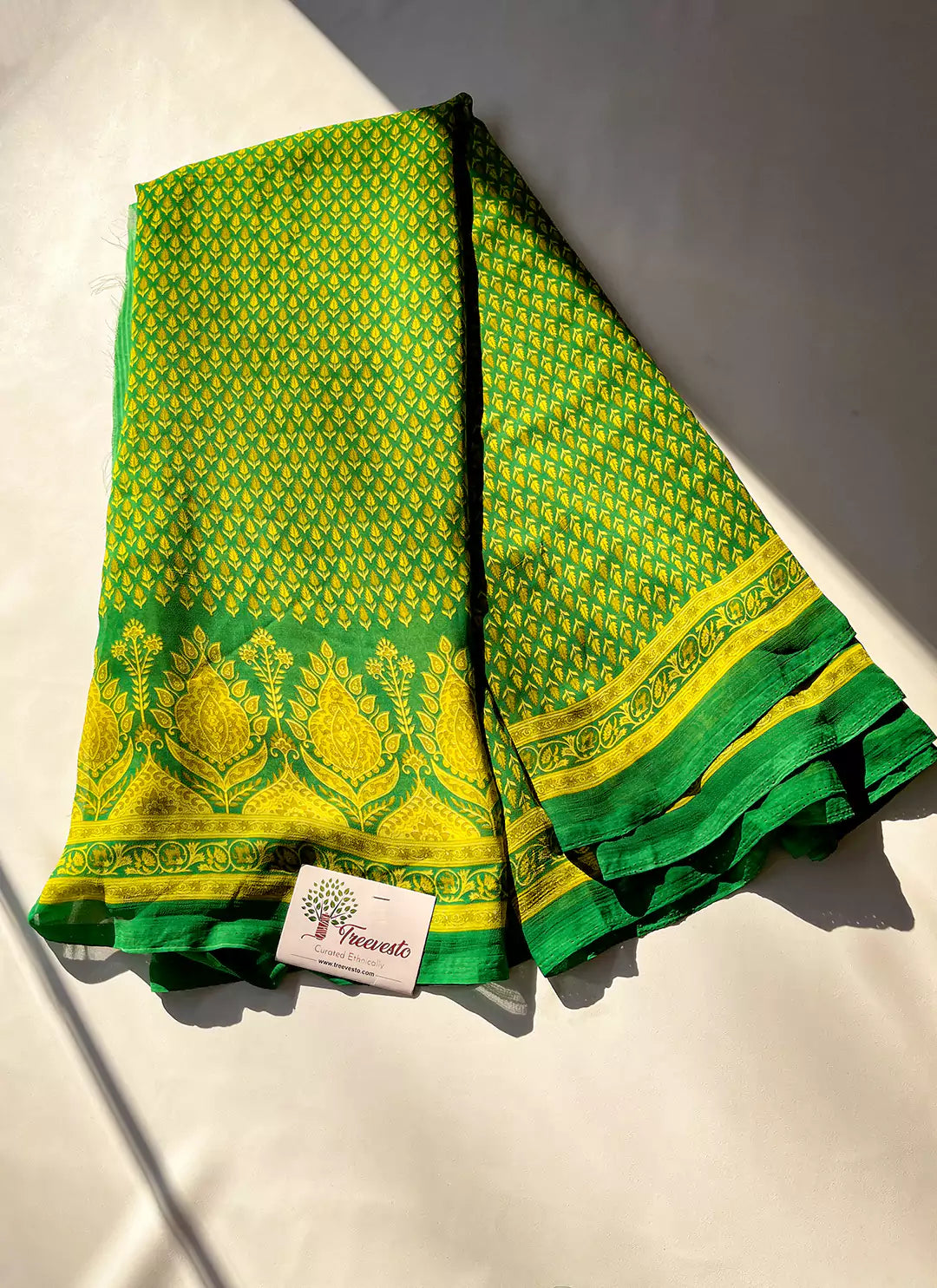 Buti Print Parrot Green Soft Georgette Saree - TREEVESTO
