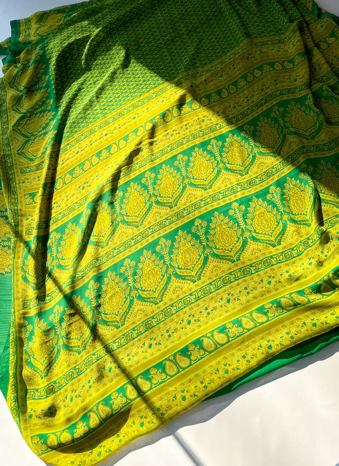 Buti Print Parrot Green Soft Georgette Saree - TREEVESTO