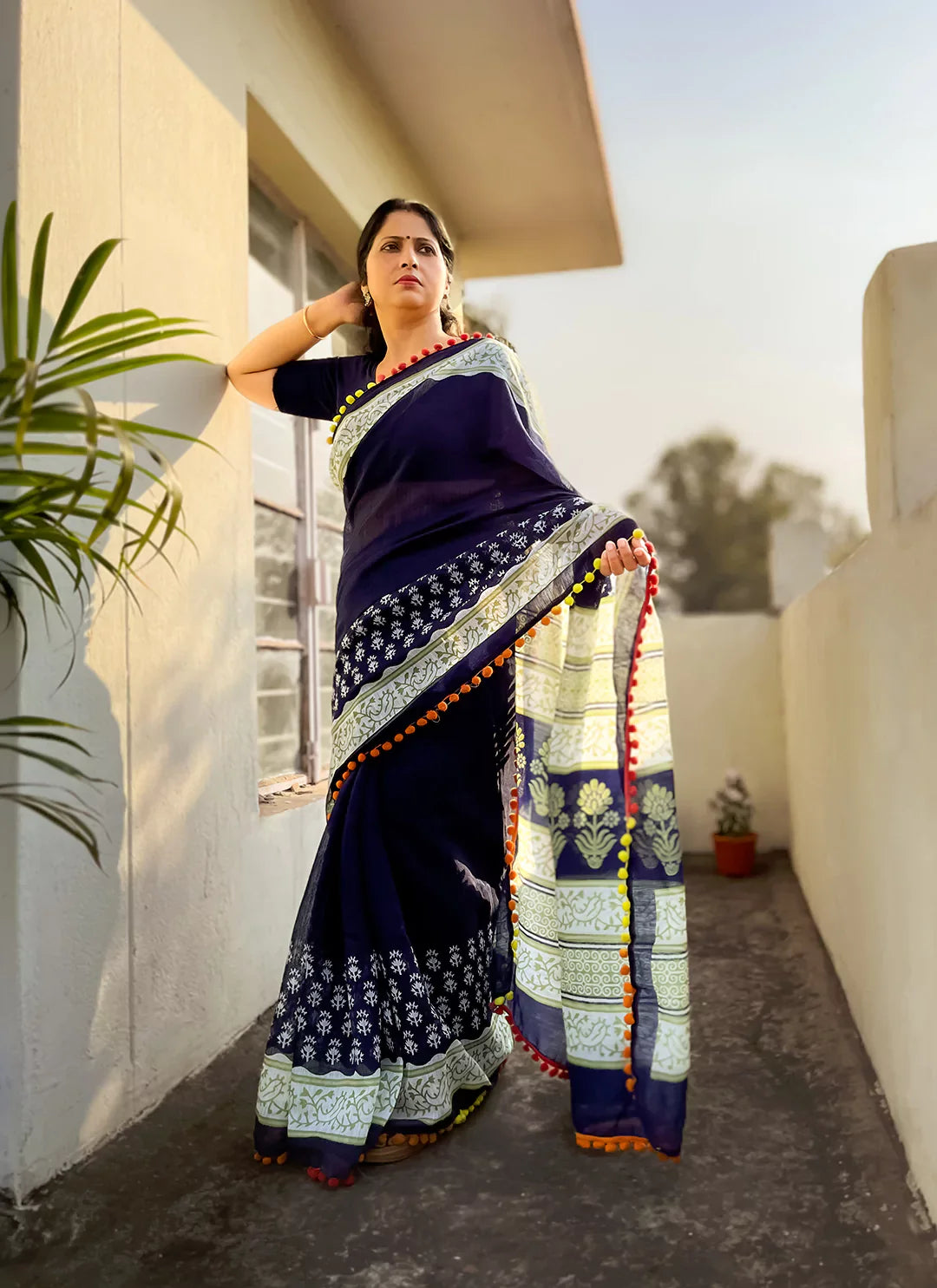 Carbon Blue Cotton Blend Saree With Pompoms treevesto