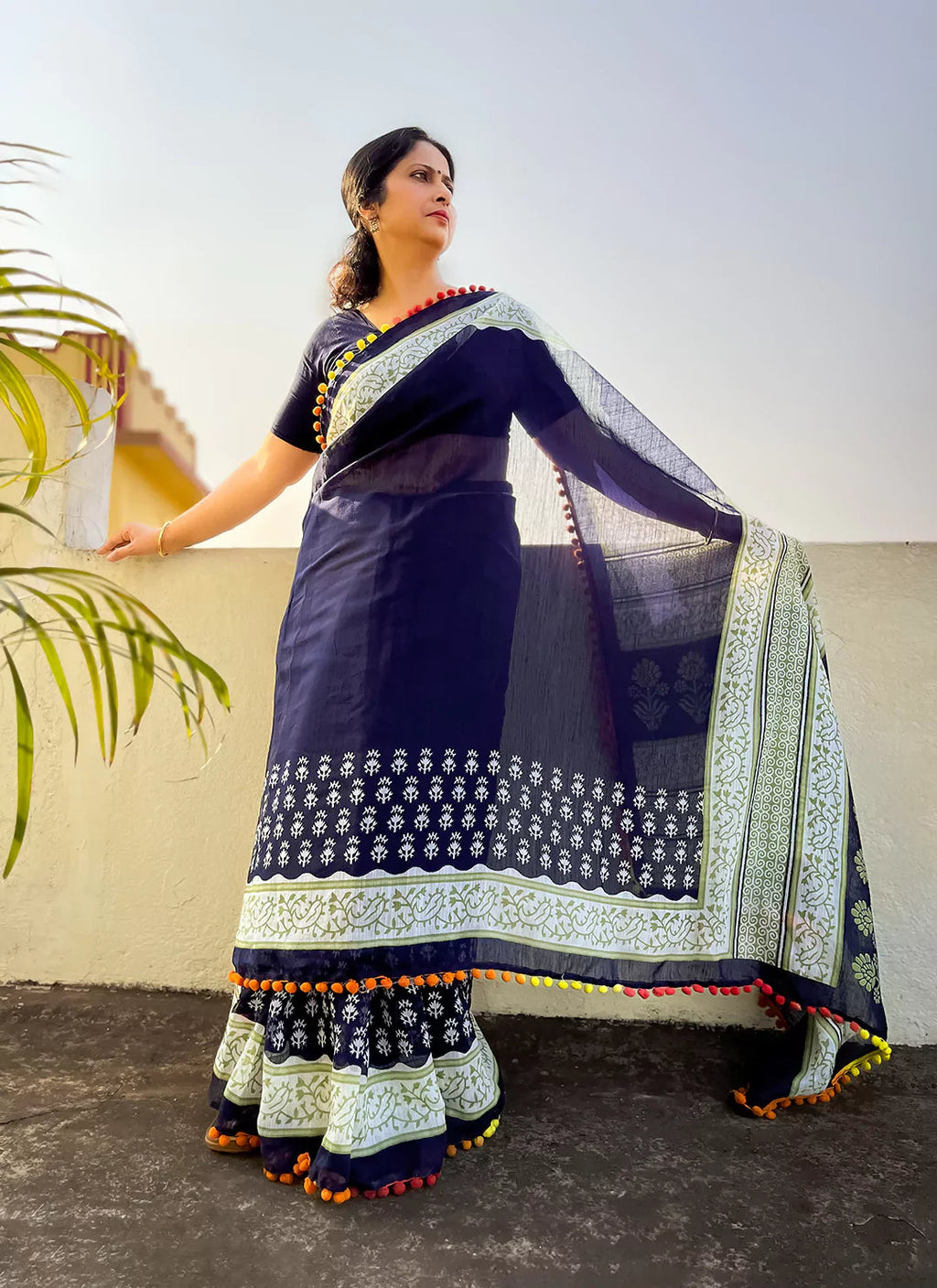 Carbon Blue Cotton Blend Saree With Pompoms treevesto