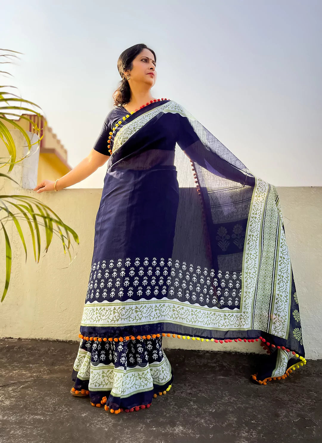 Carbon Blue Cotton Blend Saree With Pompoms treevesto