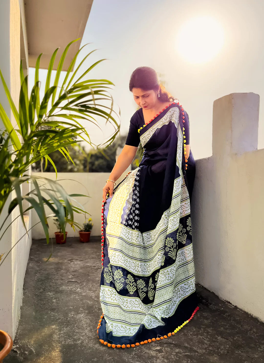 Carbon Blue Cotton Blend Saree With Pompoms treevesto