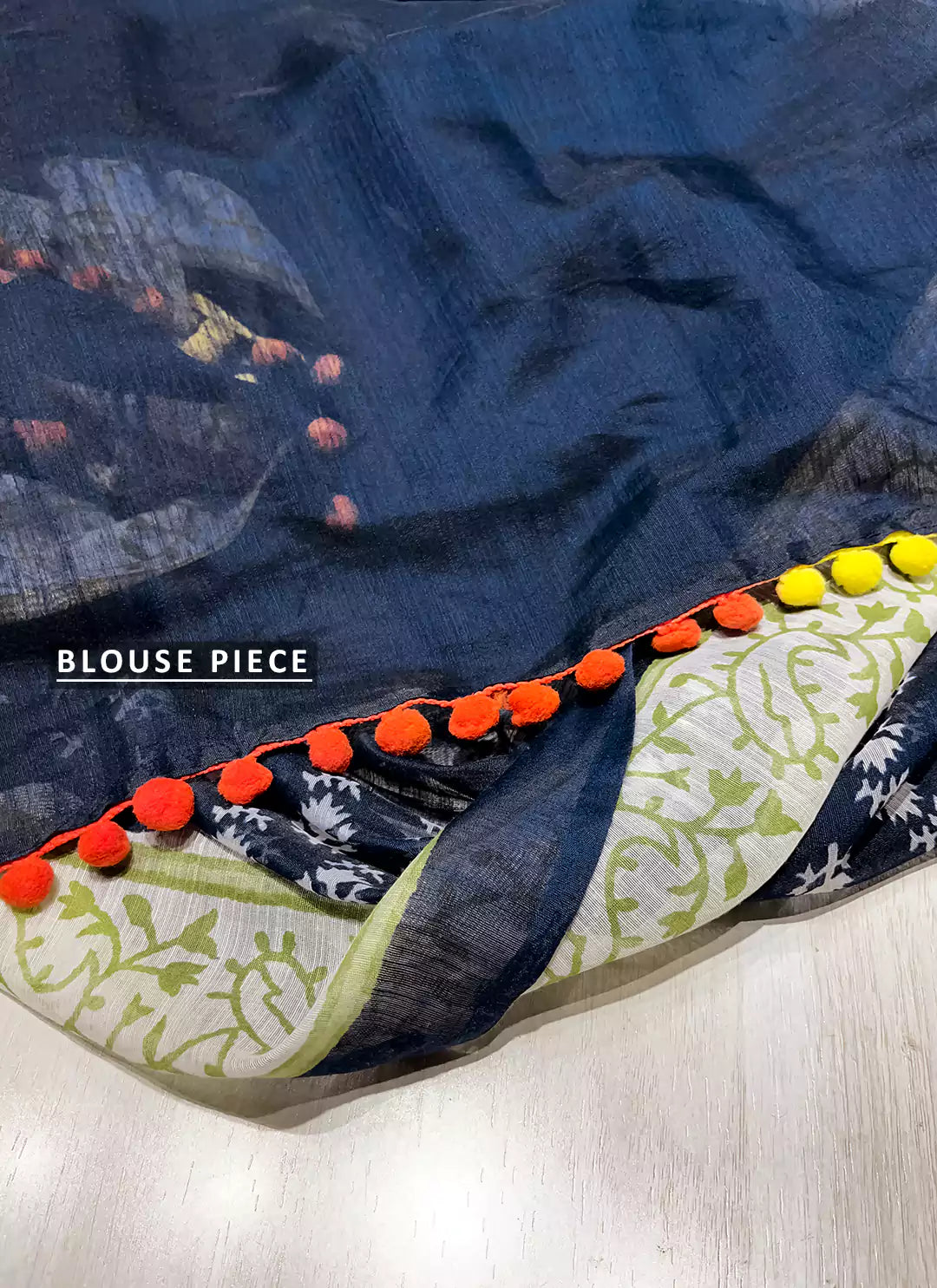 Carbon Blue Cotton Blend Saree With Pompoms treevesto