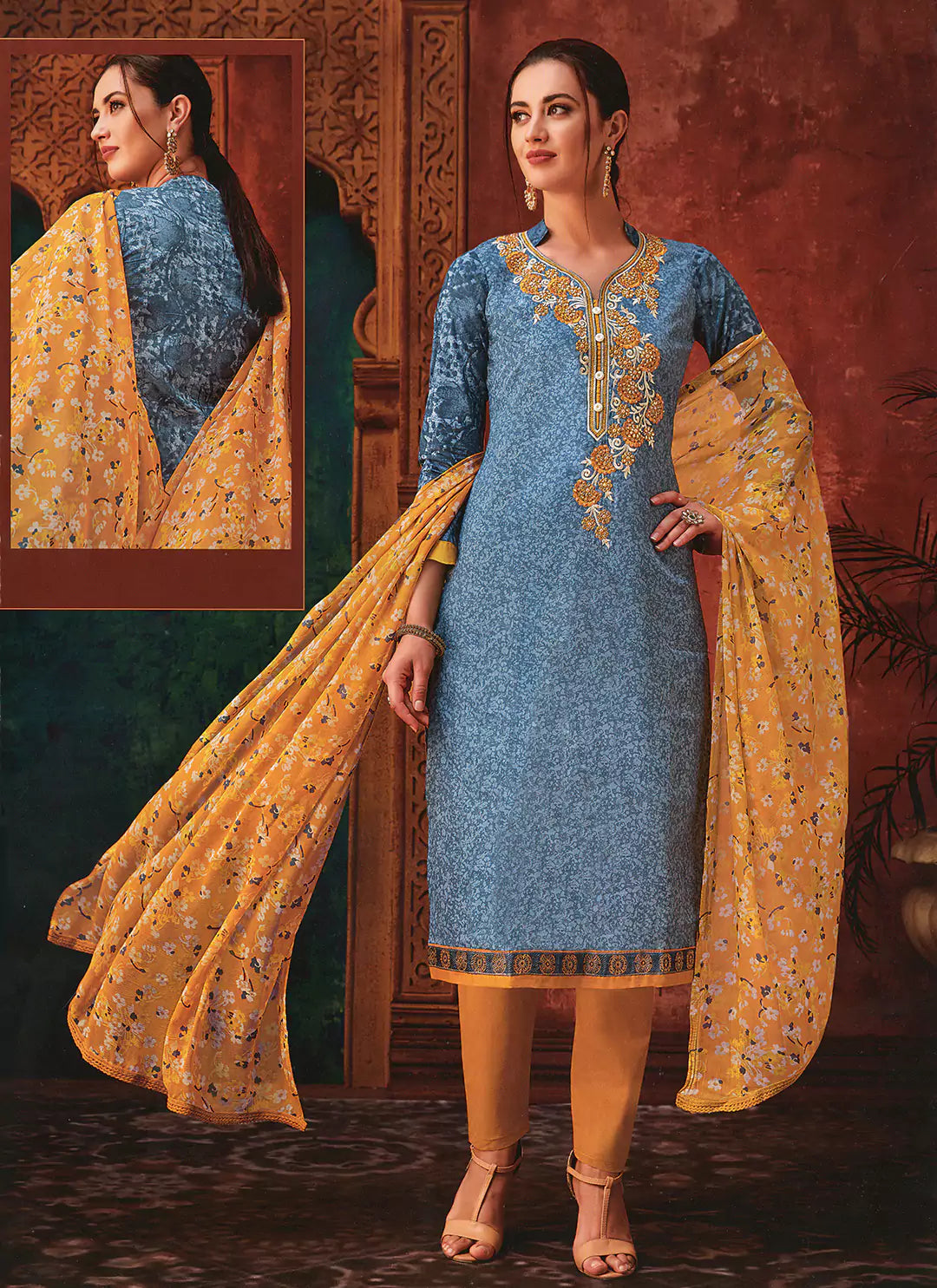 Carolina Blue Cambric Cotton Full Suit Set treevesto