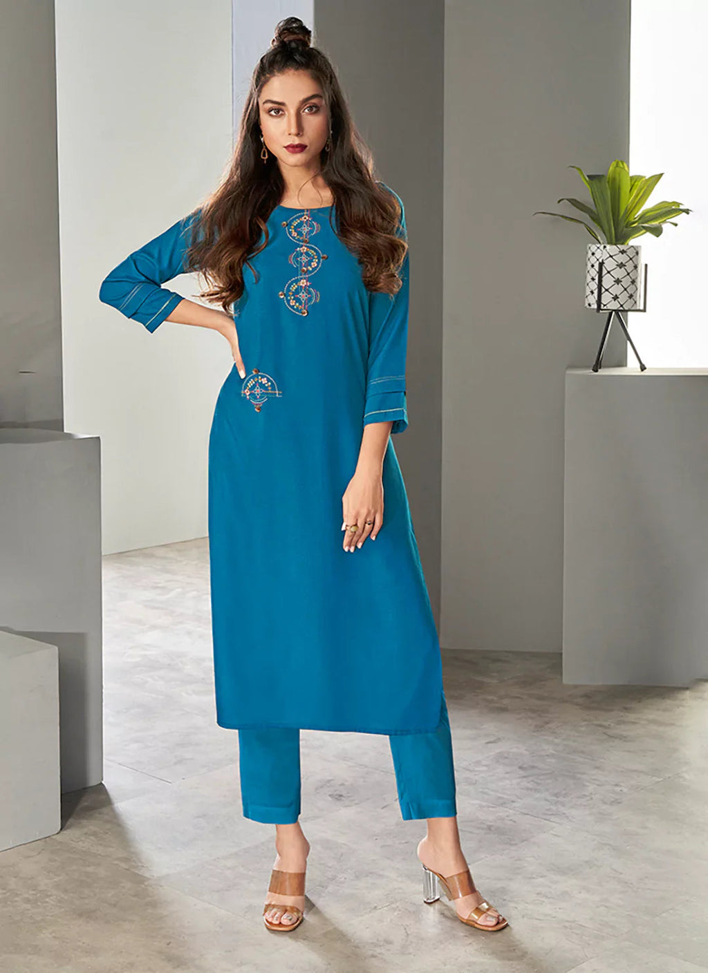 Cerulean Blue Embroidered Viscose A-Line Kurta treevesto