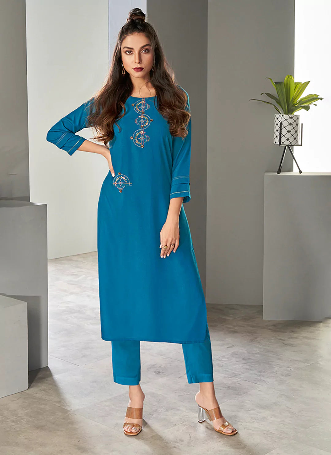 Cerulean Blue Embroidered Viscose A-Line Kurta treevesto