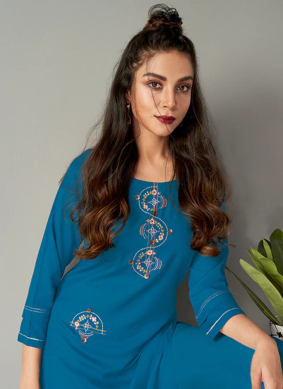 Cerulean Blue Embroidered Viscose A-Line Kurta treevesto