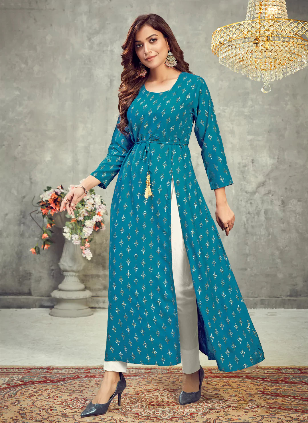 Cerulean Blue Side Slit Designer Empire A-Line Kurta treevesto