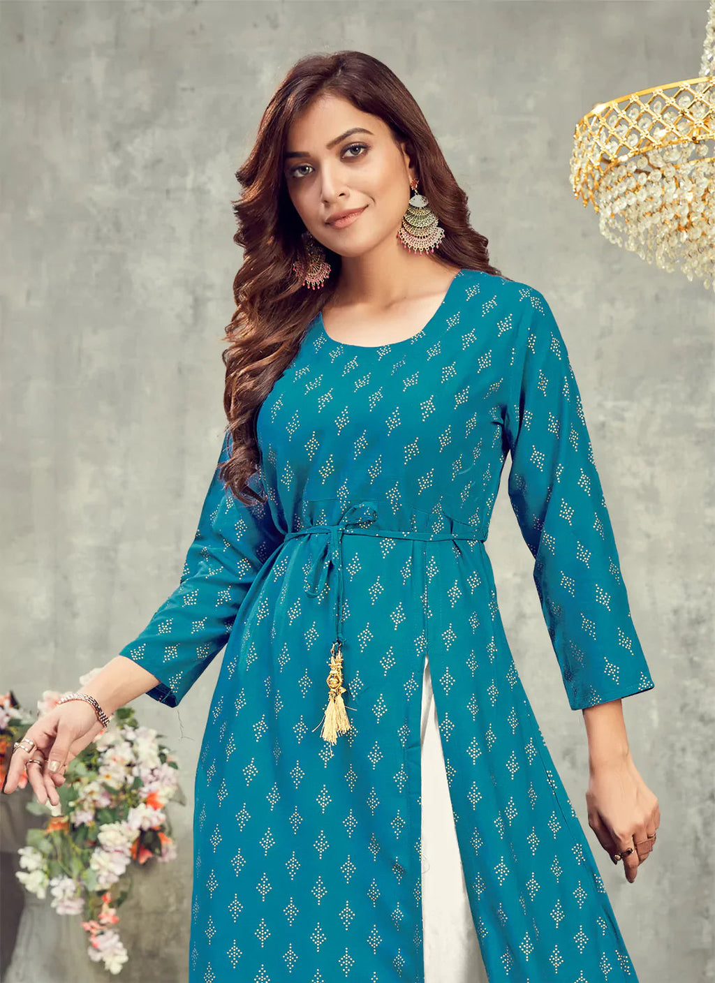 Cerulean Blue Side Slit Designer Empire A-Line Kurta treevesto