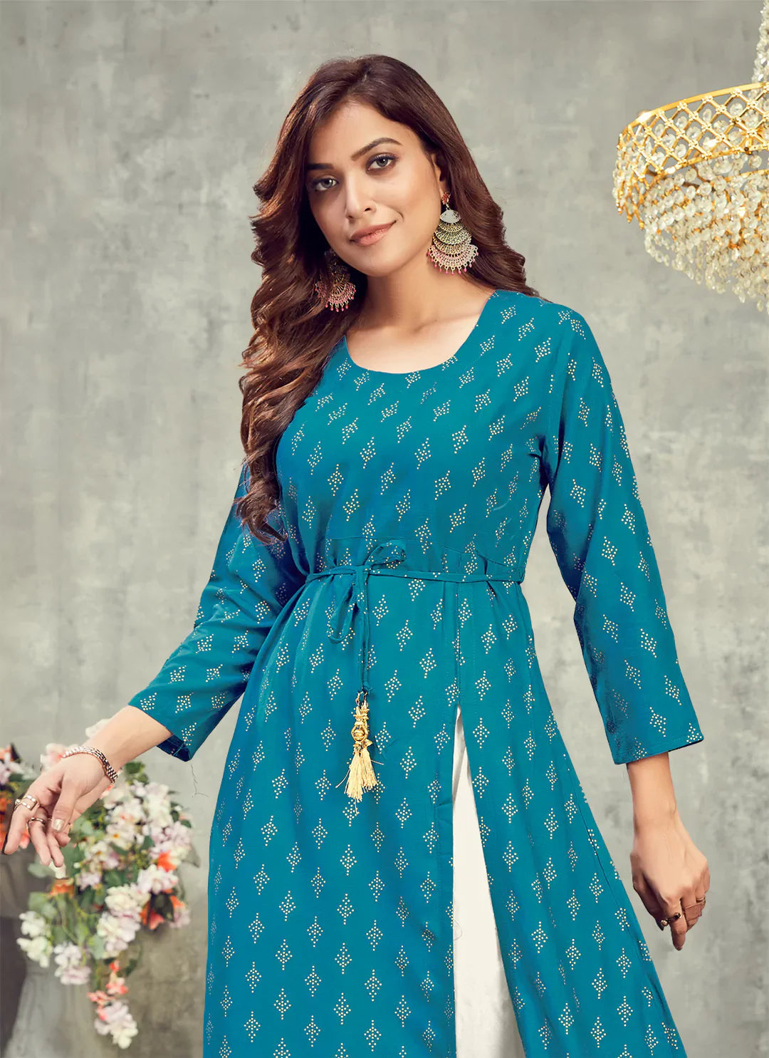 Cerulean Blue Side Slit Designer Empire A-Line Kurta treevesto