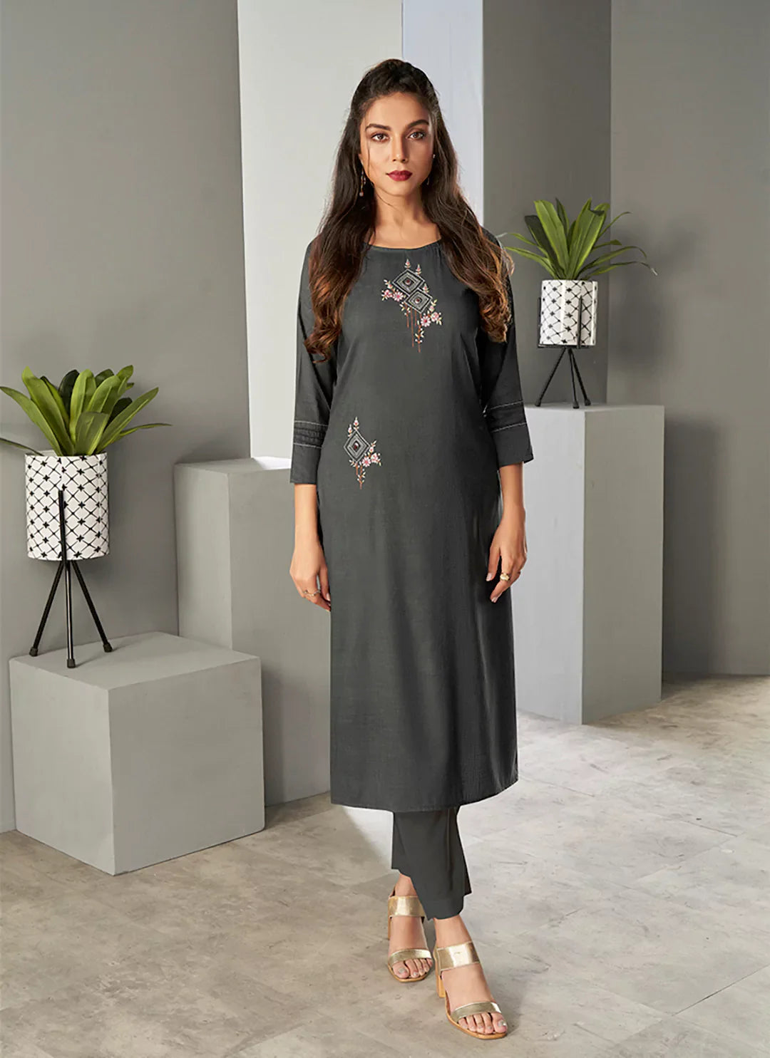 Charcoal Grey Embroidered Viscose A-Line Kurta treevesto