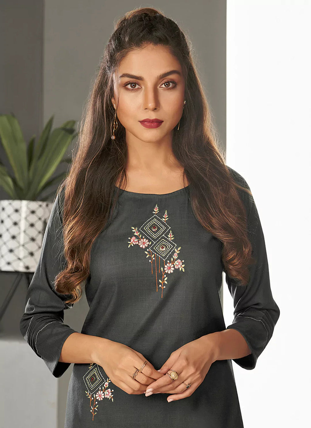 Charcoal Grey Embroidered Viscose A-Line Kurta treevesto