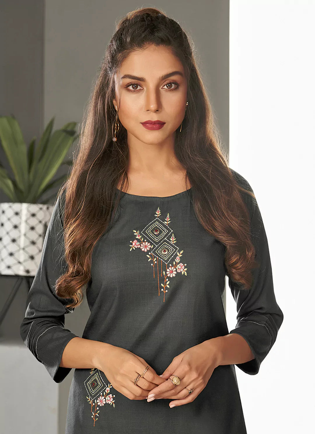 Charcoal Grey Embroidered Viscose A-Line Kurta treevesto
