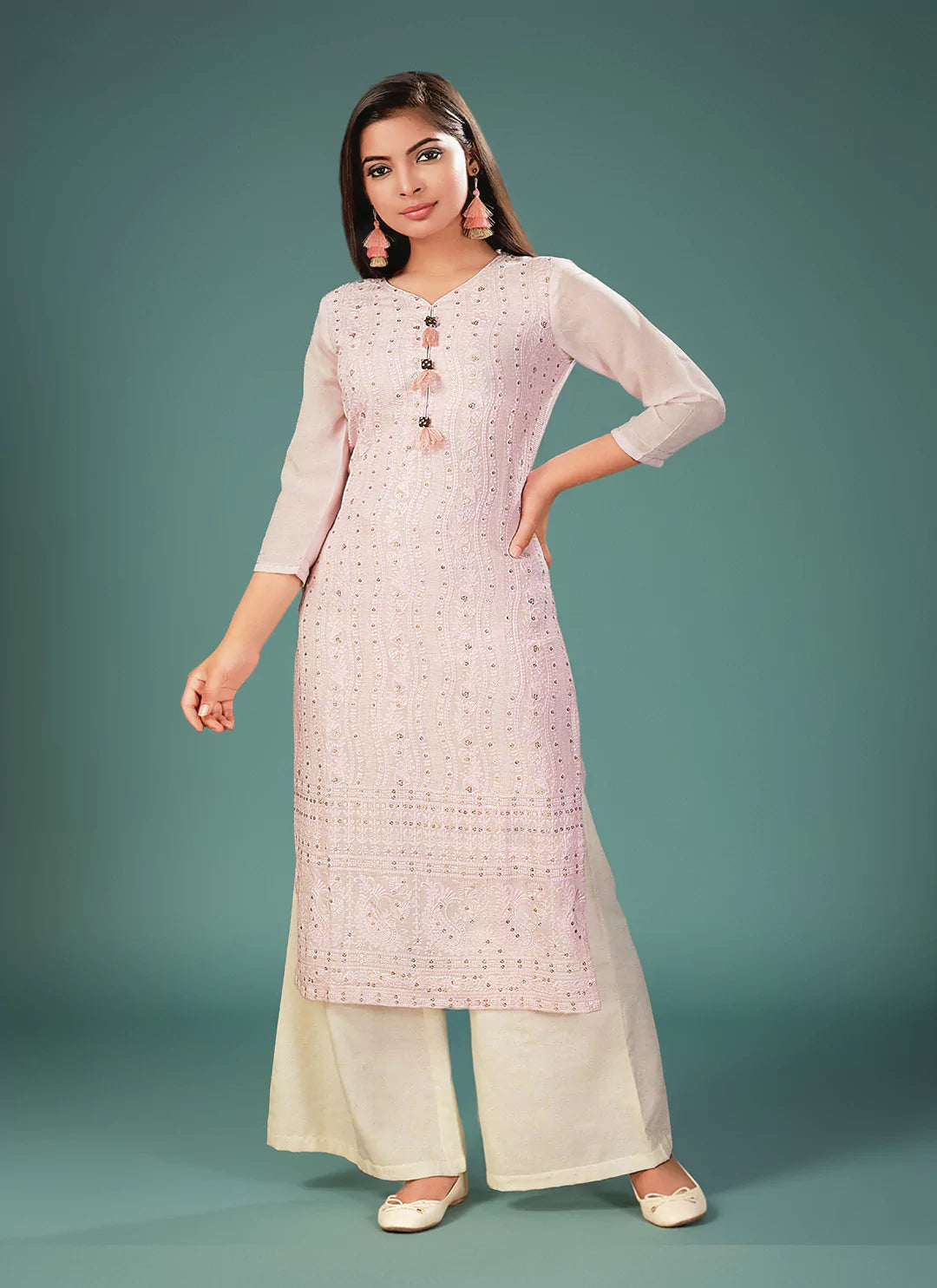 Chikankari Worked Baby Pink Ultra Soft Muslin Straight Kurta  TREEVESTO