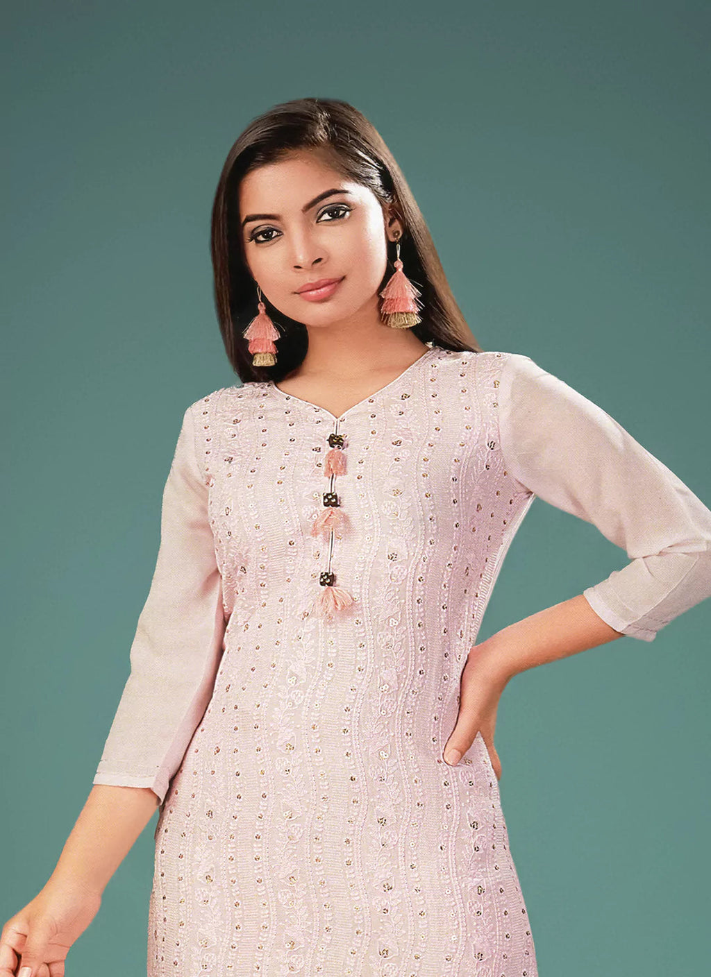 Chikankari Worked Baby Pink Ultra Soft Muslin Straight Kurta  TREEVESTO