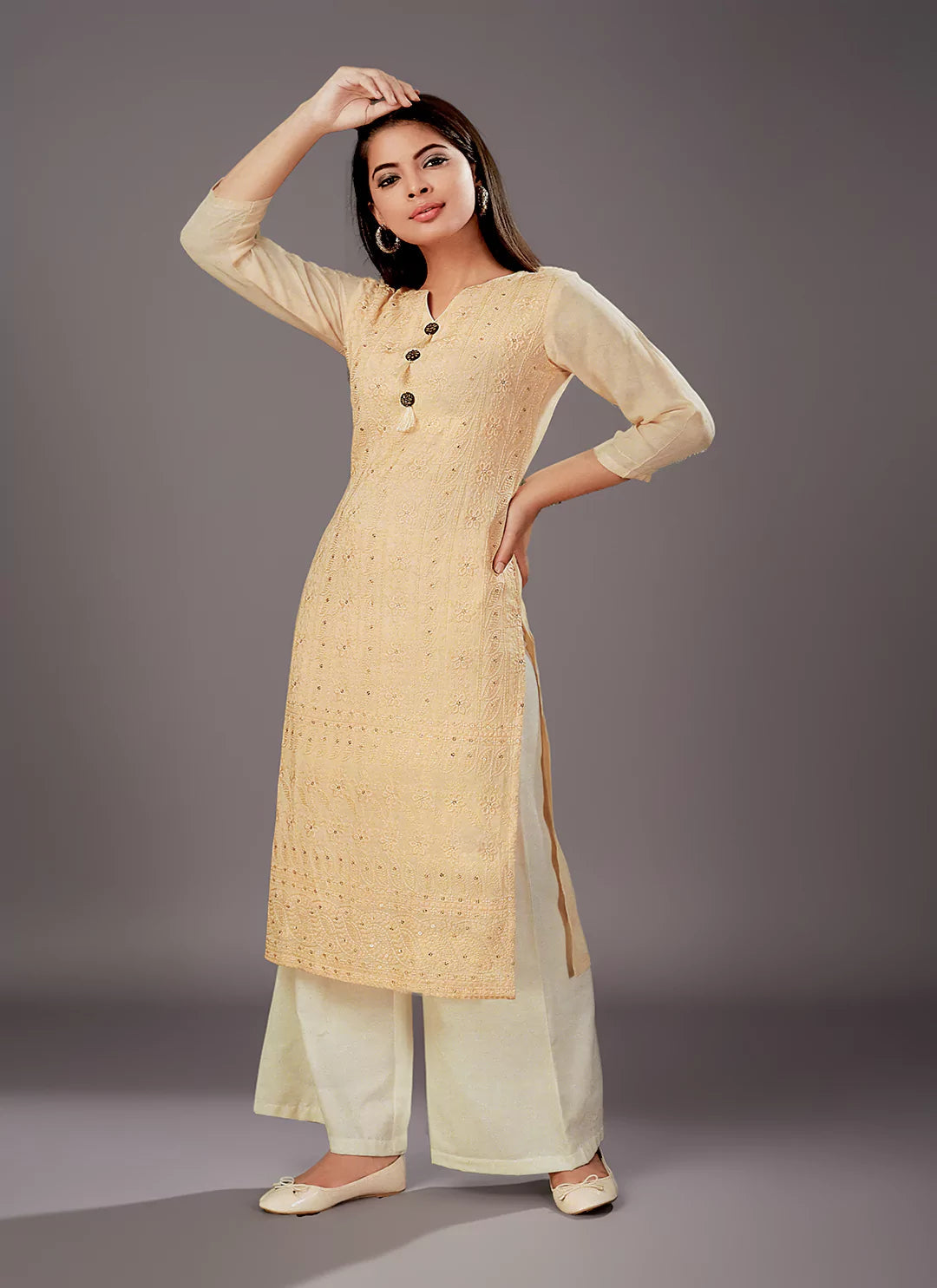 Chikankari Worked Cream Ultra Soft Muslin Straight Kurta  TREEVESTO