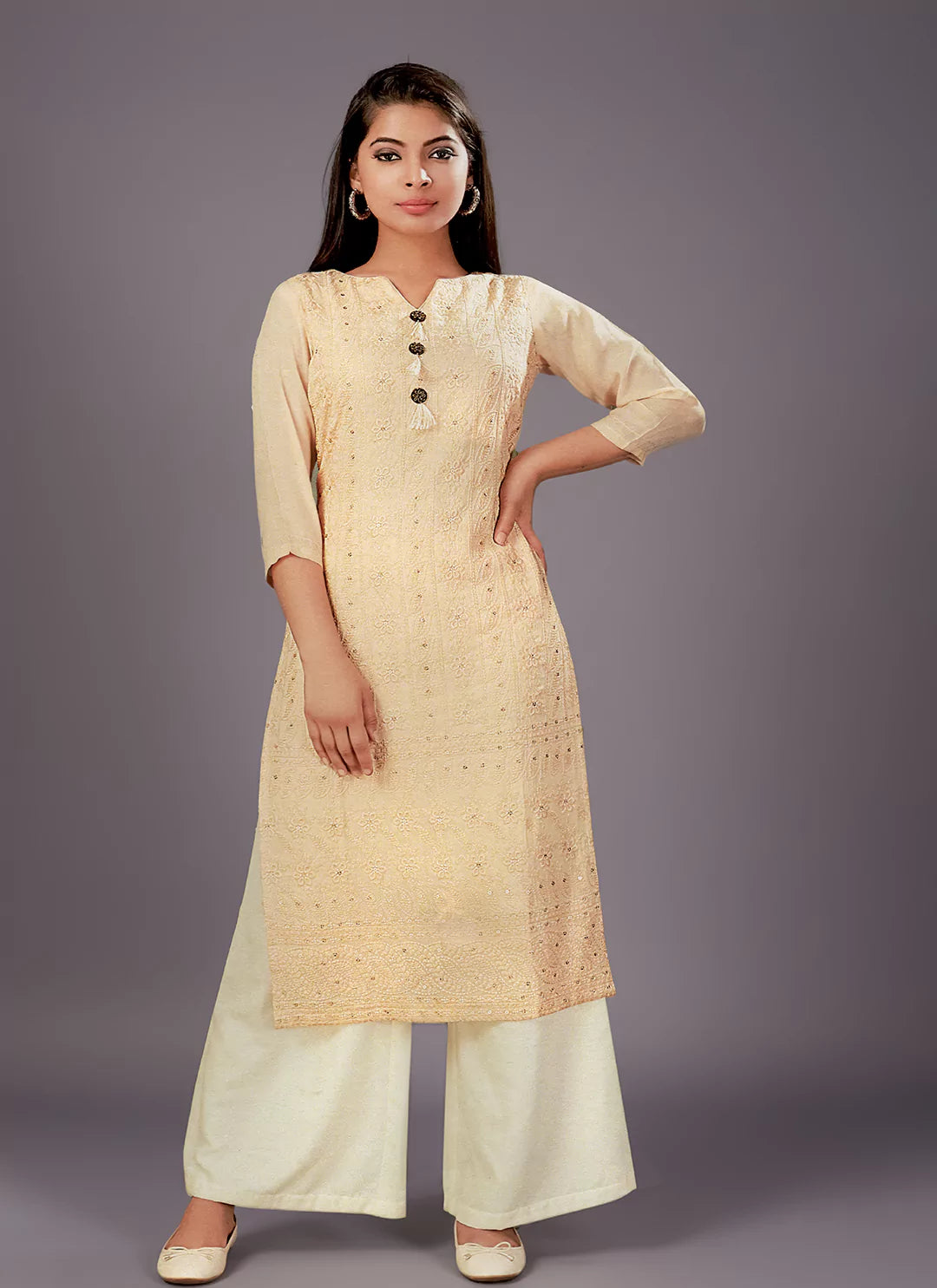 Chikankari Worked Cream Ultra Soft Muslin Straight Kurta  TREEVESTO