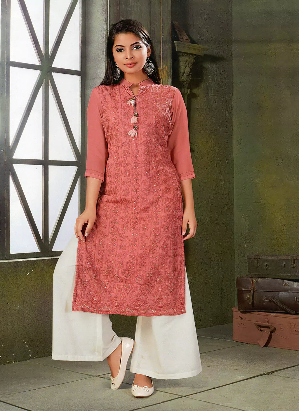 Chikankari Worked Rose Gold Ultra Soft Muslin Straight Kurta treevesto