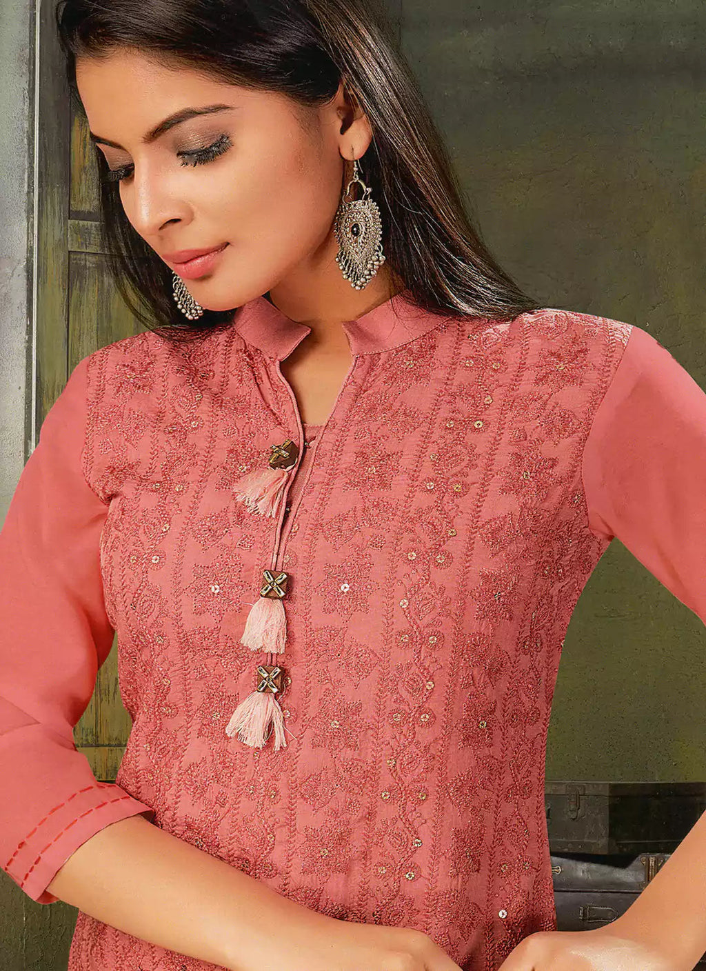 Chikankari Worked Rose Gold Ultra Soft Muslin Straight Kurta treevesto
