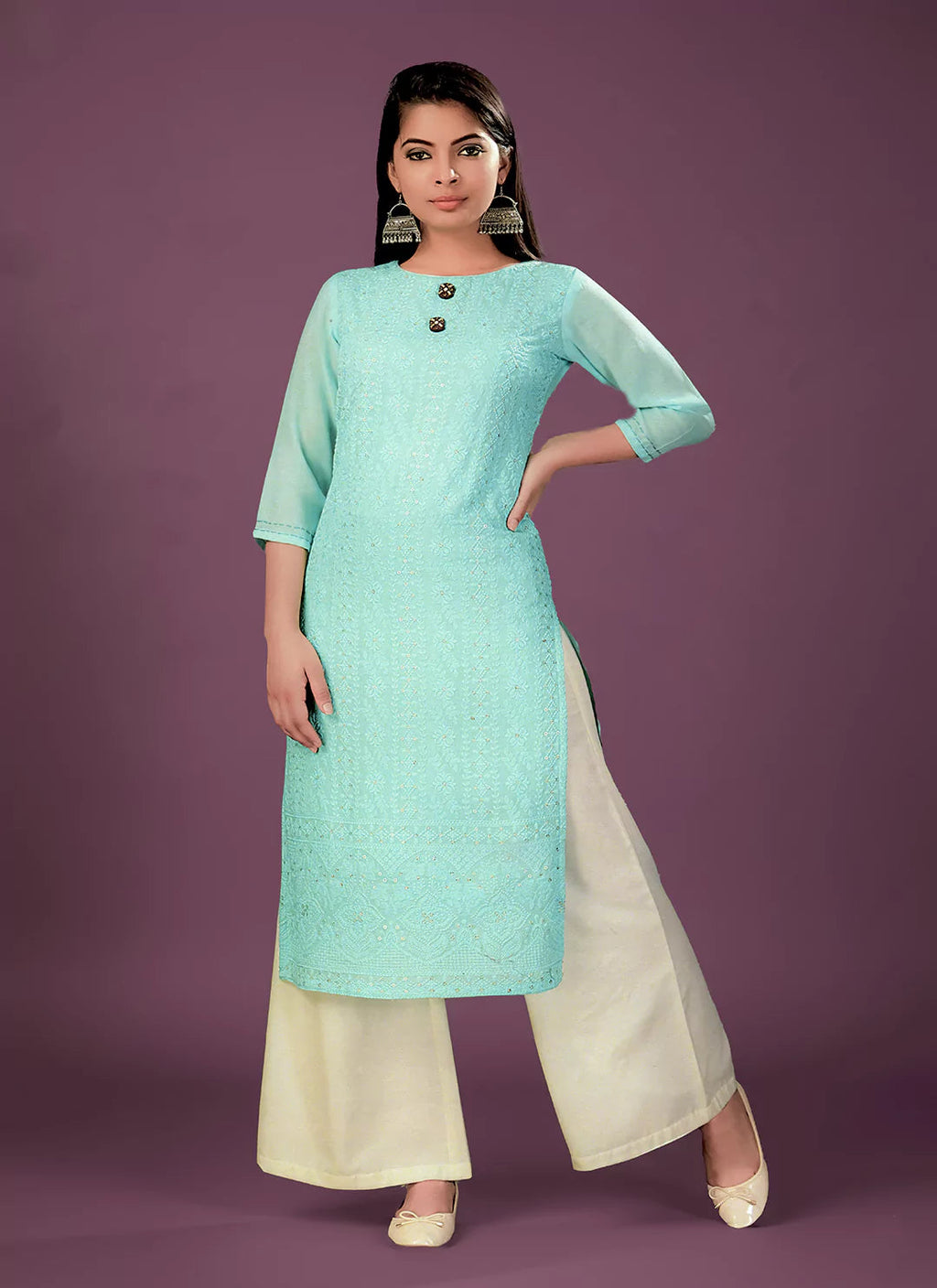 Chikankari Worked Sky Blue Ultra Soft Muslin Straight Kurta  TREEVESTO