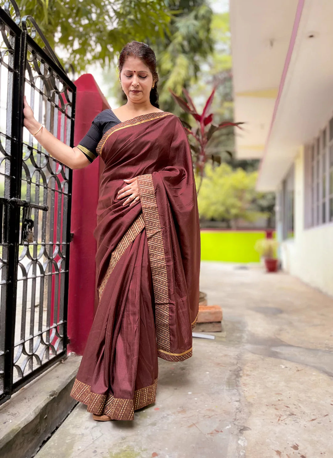 Chocolate Brown Dola Silk Plain Saree With Border - TREEVESTO