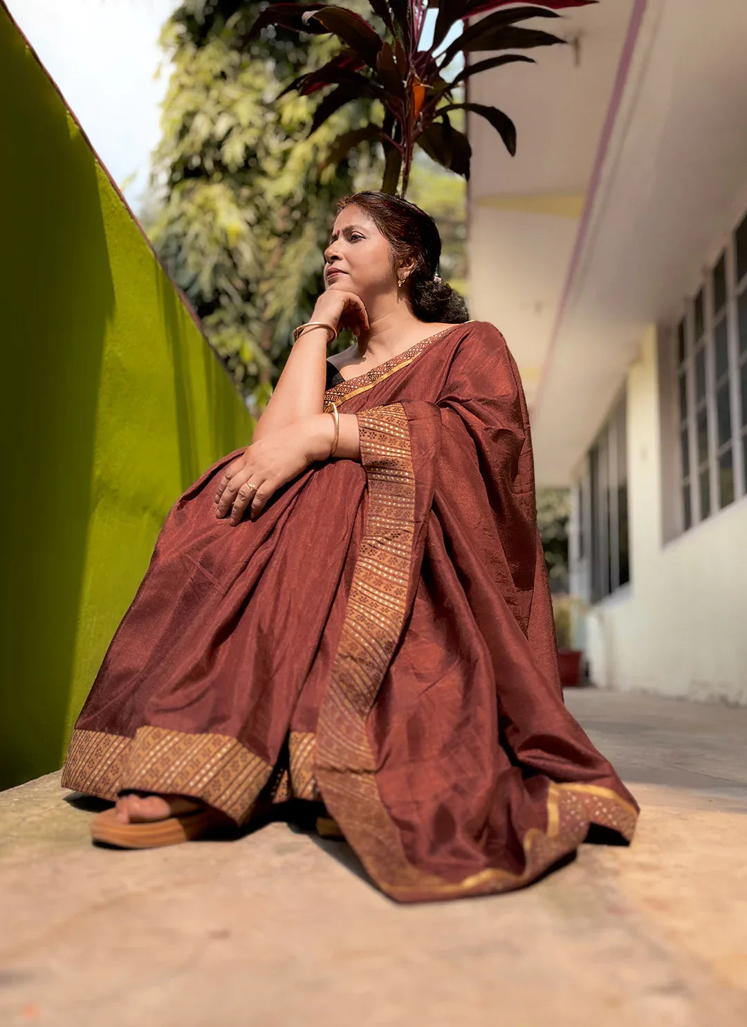 Chocolate Brown Dola Silk Plain Saree With Border - TREEVESTO