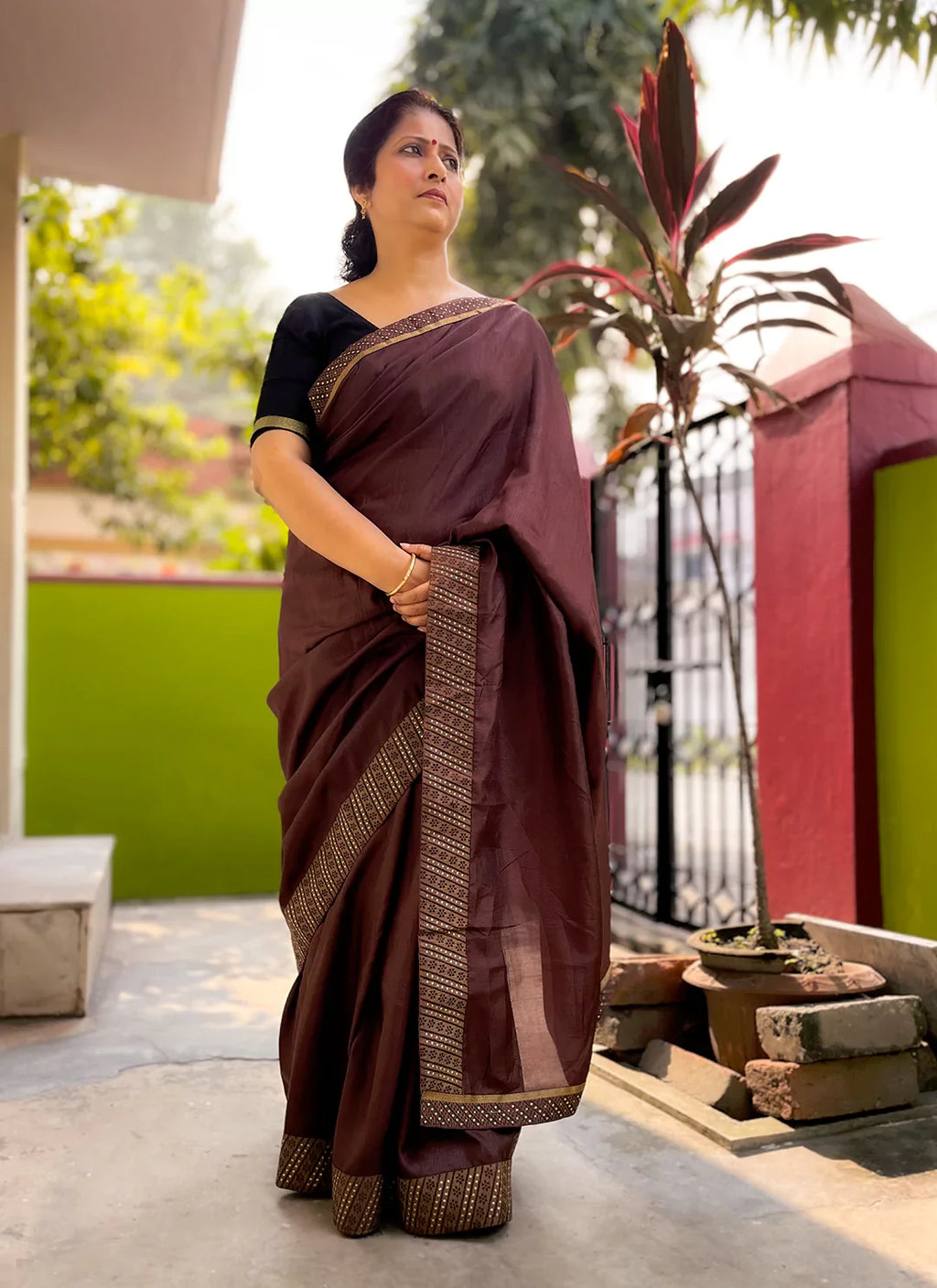 Chocolate Brown Dola Silk Plain Saree With Border - TREEVESTO