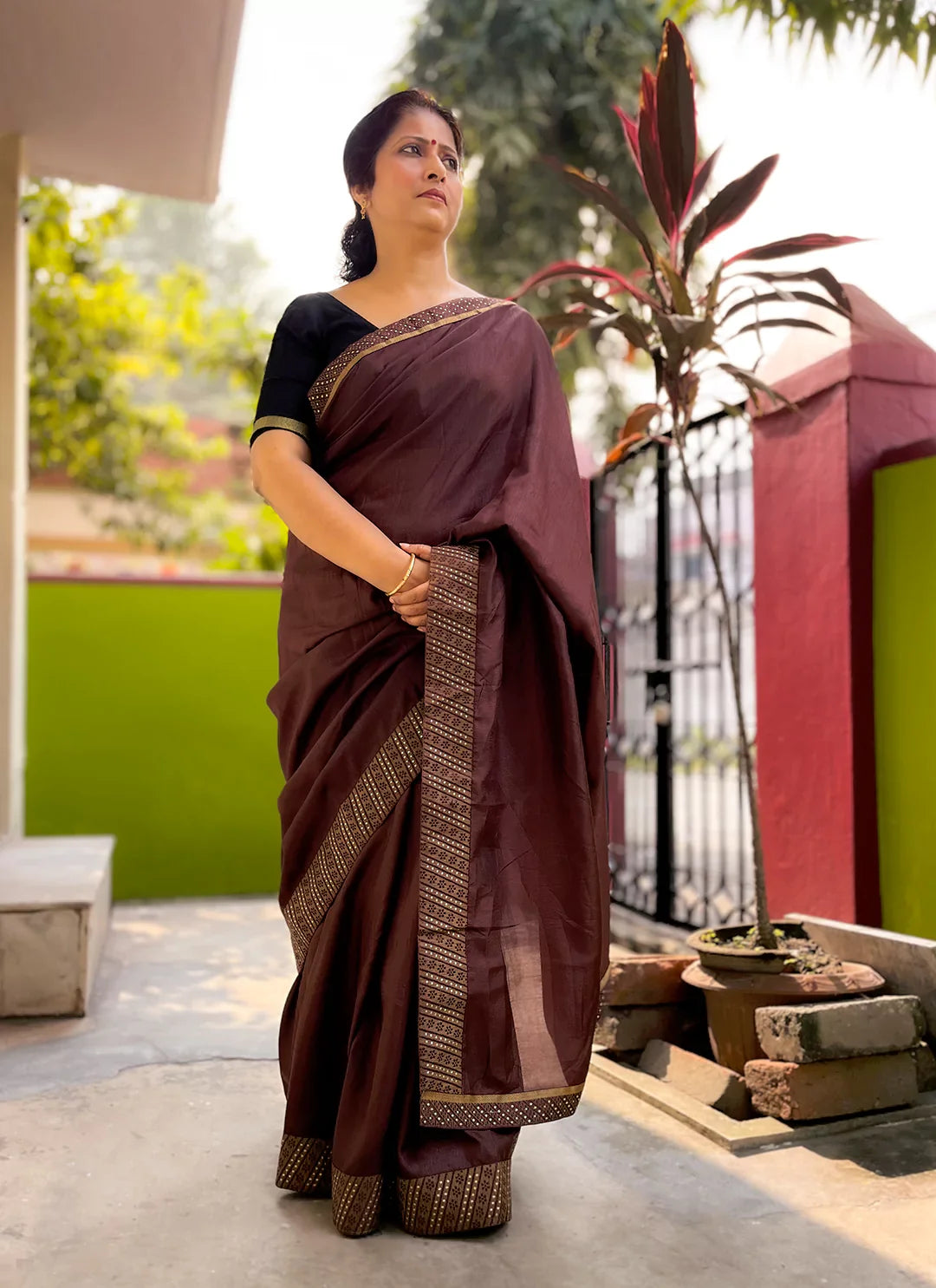 Chocolate Brown Dola Silk Plain Saree With Border - TREEVESTO