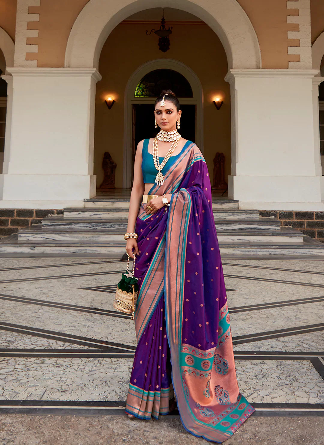 Copper Zari Work Purple Paithani Silk Saree With Teal Blue Blouse treevesto