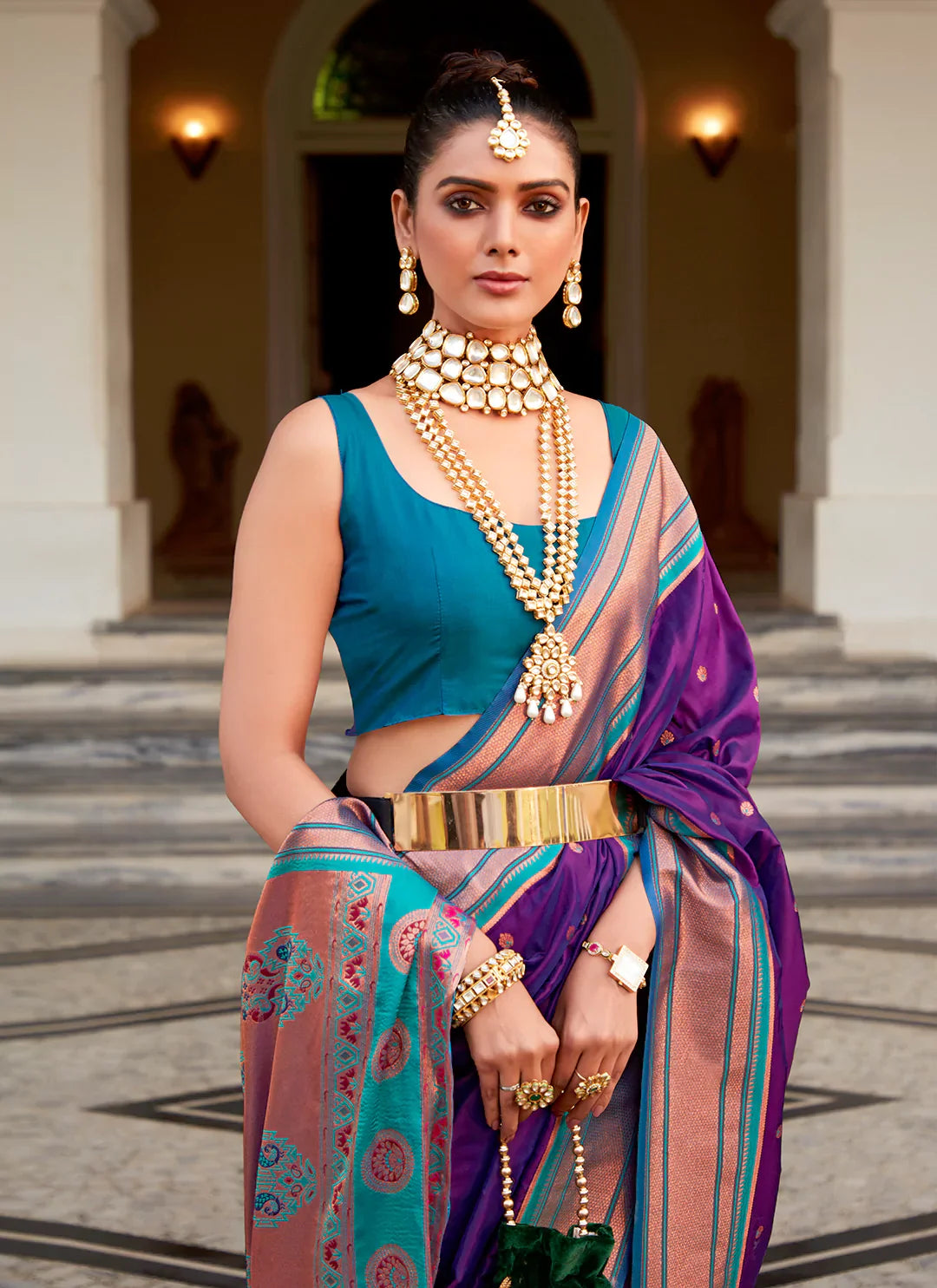 Copper Zari Work Purple Paithani Silk Saree With Teal Blue Blouse treevesto