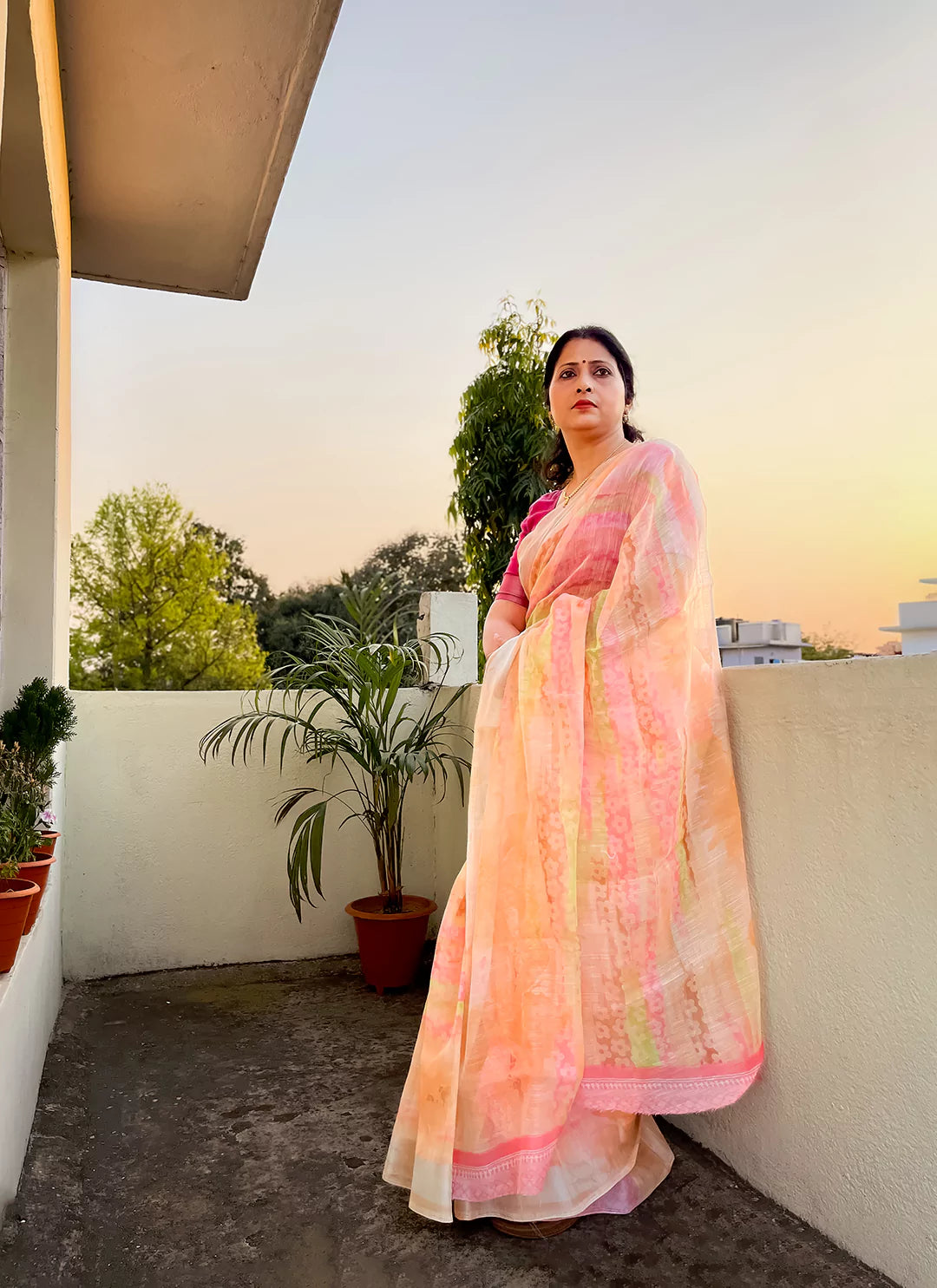 Abstract Print Coral Base Linen Cotton Saree TREEVESTO