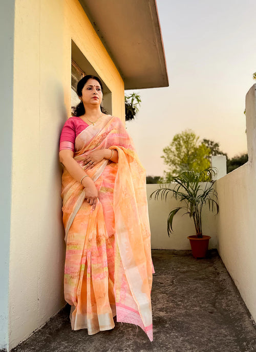Abstract Print Coral Base Linen Cotton Saree TREEVESTO