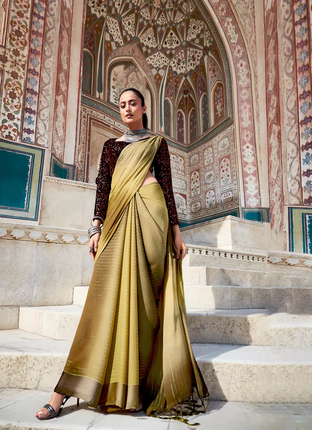 Cream & Green Ombre Dyed Chiffon Satin Saree - TREEVESTO