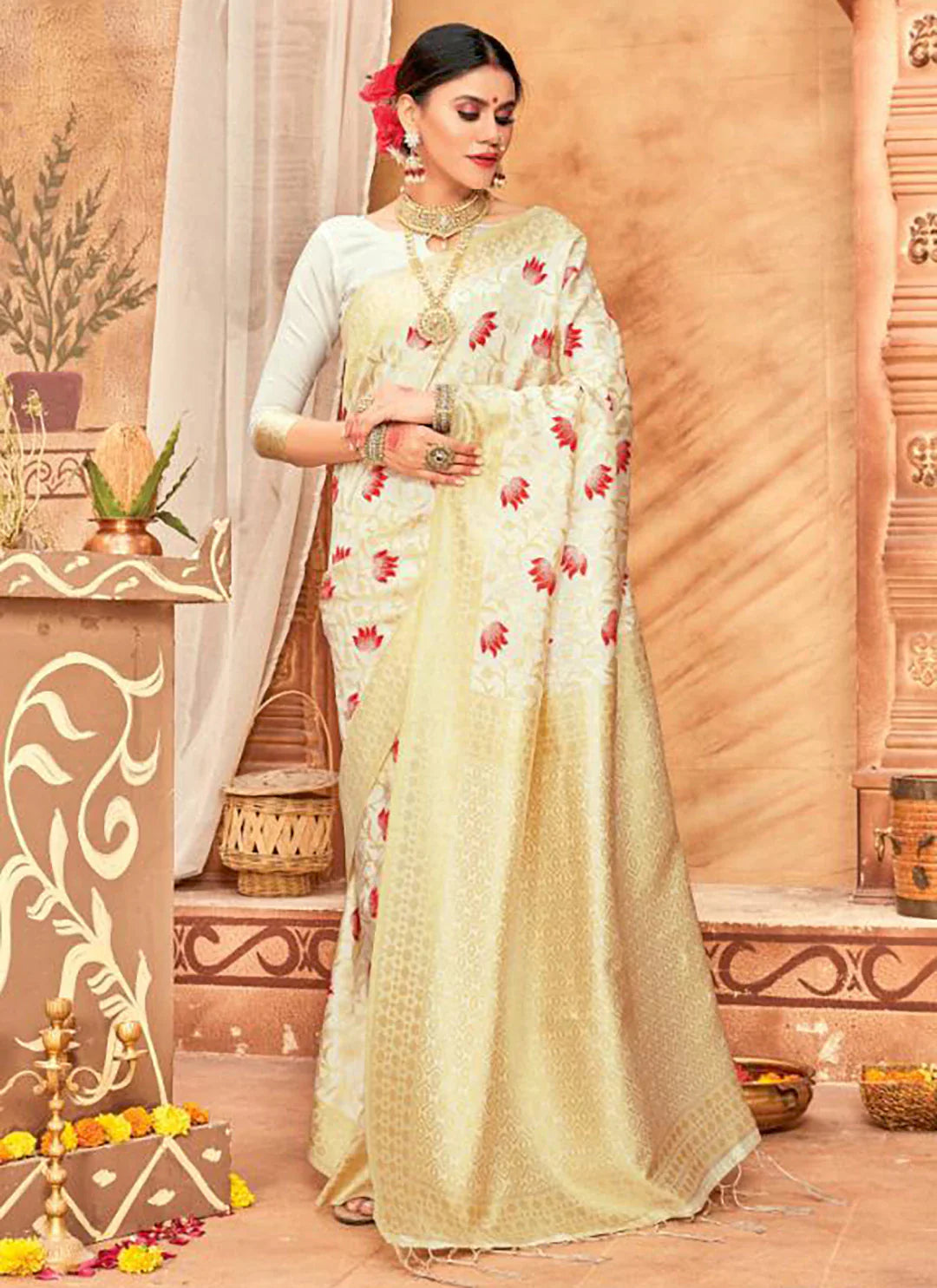 Cream Colored Banarasi Silk Saree - TREEVESTO