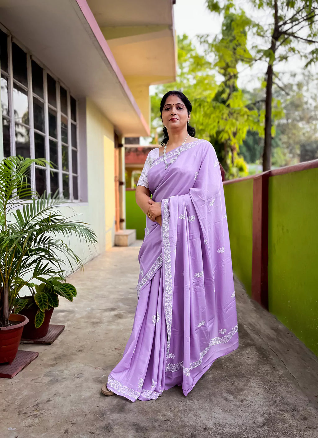Dabu Hand Block Print Mul Cotton Saree in Lavender  TREEVESTO