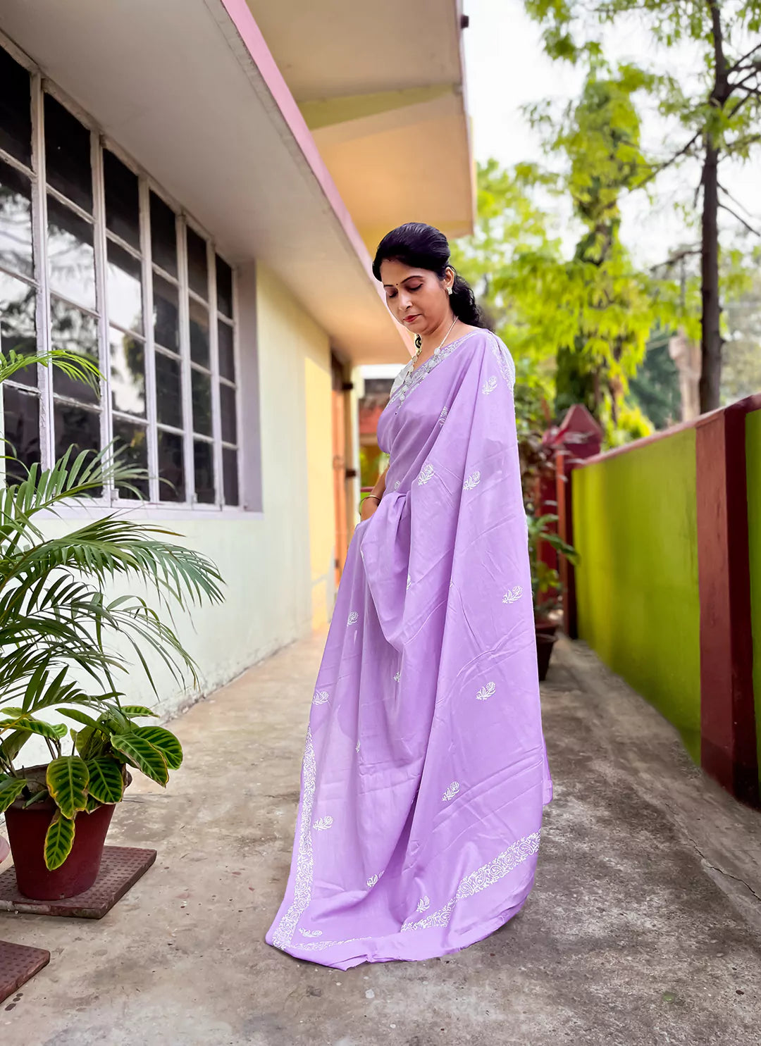 Dabu Hand Block Print Mul Cotton Saree in Lavender  TREEVESTO