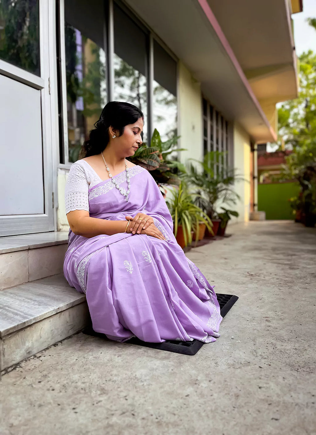 Dabu Hand Block Print Mul Cotton Saree in Lavender  TREEVESTO
